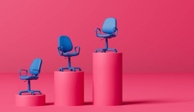 Mavi sandalye bir kaidede. Liderlik ve kalkınma kavramı. 3B Hazırlama.