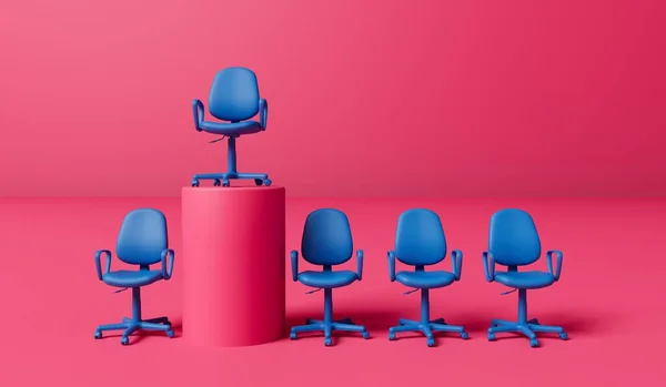 Blue chair on op of a pedestal. Leadership and development concept. 3D Rendering.
