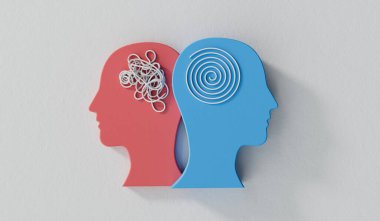 Mental health concept. tangled chaotic brain vs logical brain. Personality and emotion. 3D Rendering. clipart