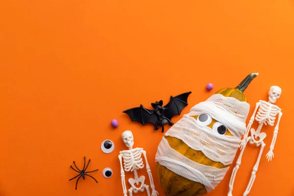 Cute Tło Halloween Dynie Mamusi Szkielety Pająki — Zdjęcie stockowe