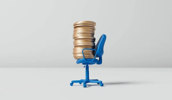 办公椅上有一堆硬币 职业晋升工资和薪金概念 3D渲染 — 图库照片