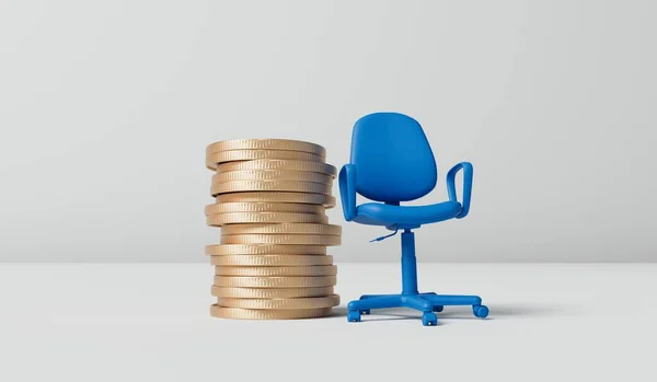 コインのスタックとオフィスチェア 昇進賃金と給与の概念 3Dレンダリング — ストック写真