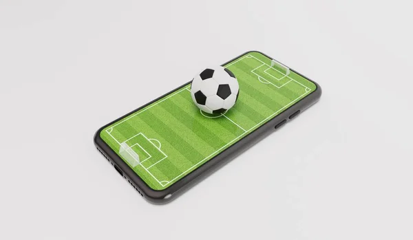 Concepto Fútbol Online Pelota Fútbol Teléfono Inteligente Con Campo Fútbol —  Fotos de Stock