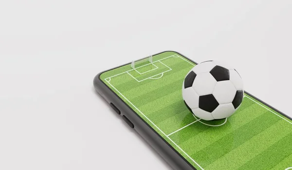 Conceito Futebol Online Bola Futebol Smartphone Com Campo Futebol Renderização — Fotografia de Stock