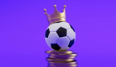 Futbol topu bir yığın bozuk parayla taç takıyor. Spor bahisleri ve finans. 3B Hazırlama.