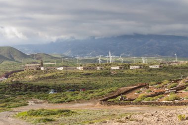 Abades, Tenerife, Kanarya Adaları 'nda fırtına bulutları olan sarı kum ve yeşil otlardan oluşan çöl manzarası. İspanya