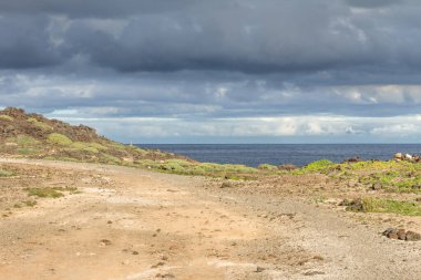 Abades, Tenerife, Kanarya Adaları 'nda fırtına bulutları olan sarı kum ve yeşil otlardan oluşan çöl manzarası. İspanya