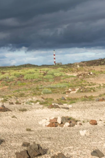 Abades, Tenerife, Kanarya Adaları 'nda fırtına bulutları olan sarı kum ve yeşil otlardan oluşan çöl manzarası. İspanya