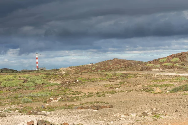 Abades, Tenerife, Kanarya Adaları 'nda fırtına bulutları olan sarı kum ve yeşil otlardan oluşan çöl manzarası. İspanya
