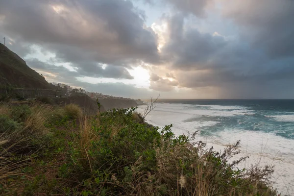 Sunset Landscape Rough Sea Cliff Very Big Waves Lot White — Foto Stock