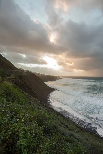 Sunset Landscape Rough Sea Cliff Very Big Waves Lot White — Foto Stock