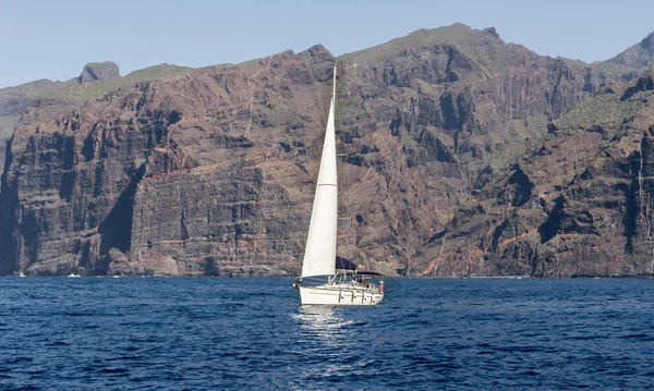 Balina ve yunuslar için tekne gezisi, ufuktaki beyaz yelkenli manzarası, mavi denizde yüzen ve arka planda Los Gigantes Kayalıkları. Tenerife, Kanarya Adaları. İspanya