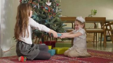Noel ağacının Noel hediyesi için kavga eden rahibeler oturma odasında Noel ruhu ve gelecek Noel ile süslenmiştir..