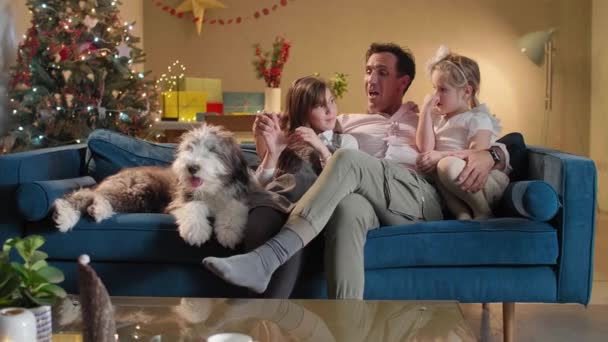 父は娘2人と犬と2人で居間のソファに座っている 彼らは家にいる間に笑顔で陽気です 部屋はクリスマスの精神で飾られています — ストック動画