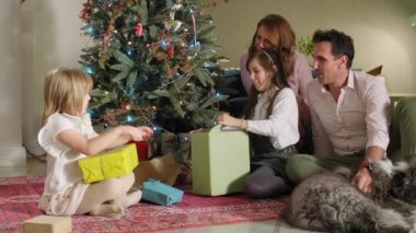 Bir anne ve baba, kızları ve köpekleriyle birlikte Noel ağacının yanında oturmuş hediyelerini değiş tokuş ediyorlardı. Oturma odası da gelecek tatillerin ruhuyla dekore edilmiştir..
