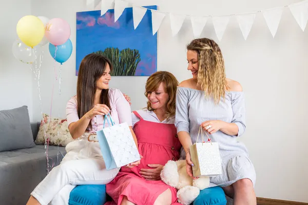 Three Women Opening Presents Baby Shower Party Happy Smiling Open — Stock Photo, Image