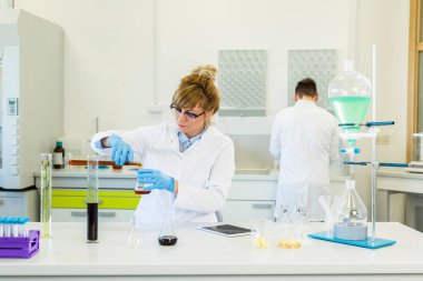 Gözlük takan kadın kimya bilimci laboratuvarda kenevir CBD ve CBDA yağlarıyla çalışıyor. Lateks eldiven, cam tüpler ve erlenmeyer şişeleri kullanıyor. Esrar tohumlarından alınan sağlık hizmetleri eczanesi.