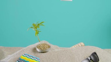 CBD ürünü, kenevir tohumları ve marihuana bitkisinin dallarının yanına düşen yağ püskürtüyor. Kumda deniz kabuğu ve güneş gözlüğü de görebilirsiniz..