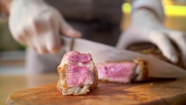 Primer Plano Muestra Chef Sosteniendo Filete Parrilla Con Una Mano — Vídeo de stock