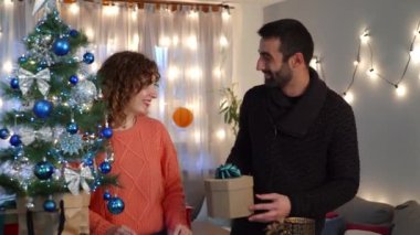Oturma odasındaki Noel ağacında eğlenen ve hediyelerini paylaşan bir çift. Tatil hazırlığı.