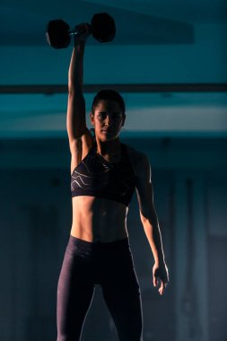 Spor salonunda dambıl kapma egzersizi yapan zinde bir genç kadın..