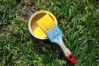 Boya Fırçası ve sarı boya ile banka çim