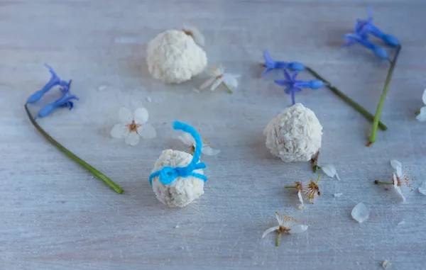 Round candies in coconut chips and blue flowers — Stock Photo, Image
