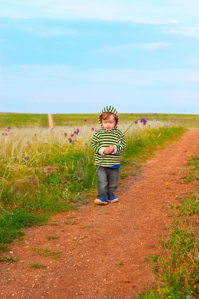 Enfant dans la veste rayée avec fleur dans les mains — Photo