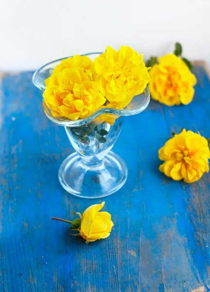 Bunch of flowers in the glass beaker on the blue — Stock Photo, Image
