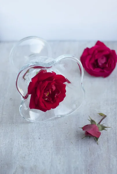 Rosas escarlata y vaso de precipitados en la mesa de luz — Foto de Stock