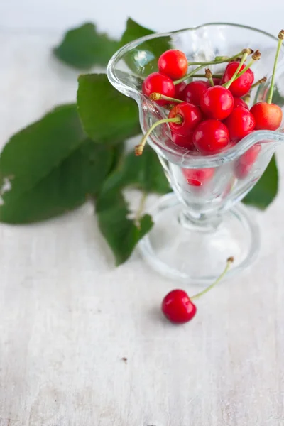 Juicy red berry cherry in the glass beaker and green leafs — Stock Photo, Image