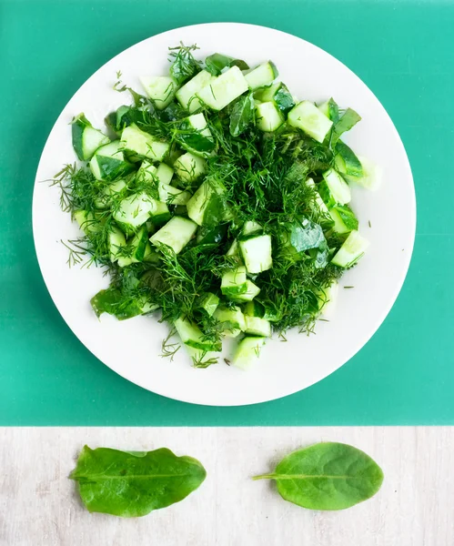 Vegetarische komkommer salade op de ronde witte plaat en bladeren doc — Stockfoto