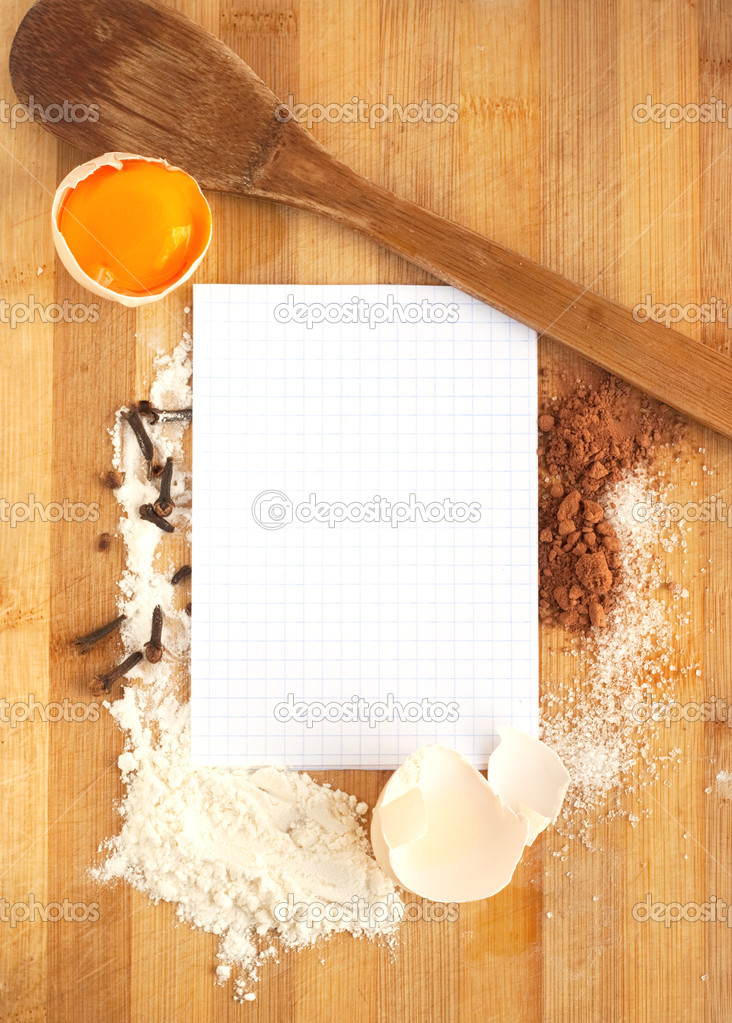 frame of food ingredients and paper for recipe