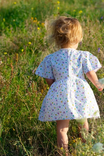 Kleines Mädchen im Kleid mitten im Gras — Stockfoto