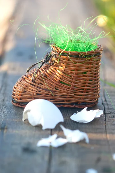 Oyuncak takunya ve yumurta kabuğu — Stok fotoğraf