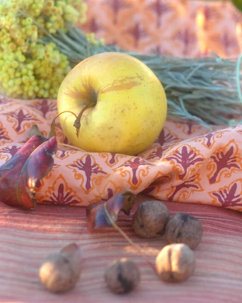 Gult äpple, medicinalväxter och valnöt — Stockfoto