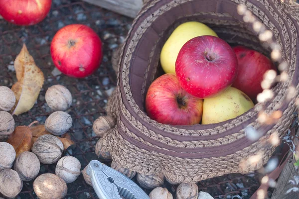 Pommes rouges dans le capot et noix — Photo