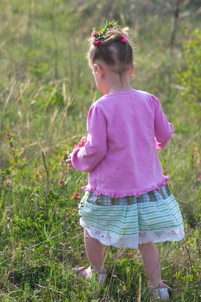 Menina em um vestido rosa andando no prado de grama e flores — Fotografia de Stock