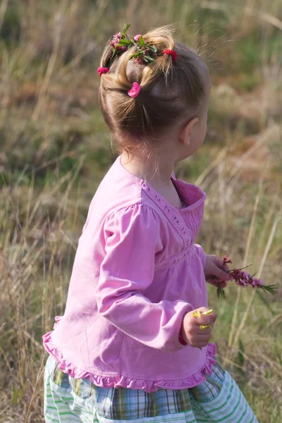 Klein meisje in een roze jurk is wandelen in een weide — Stockfoto