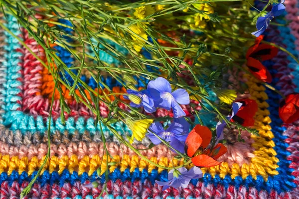 Wild flowers on a striped crocheted — Stock Photo, Image