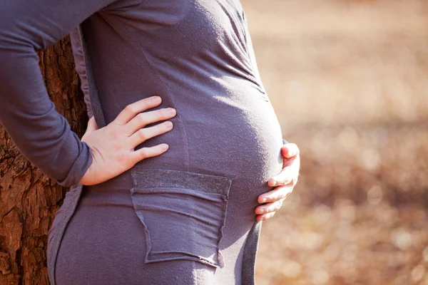 Young pregnant Caucasian woman holding her back and belly — Stock Photo, Image