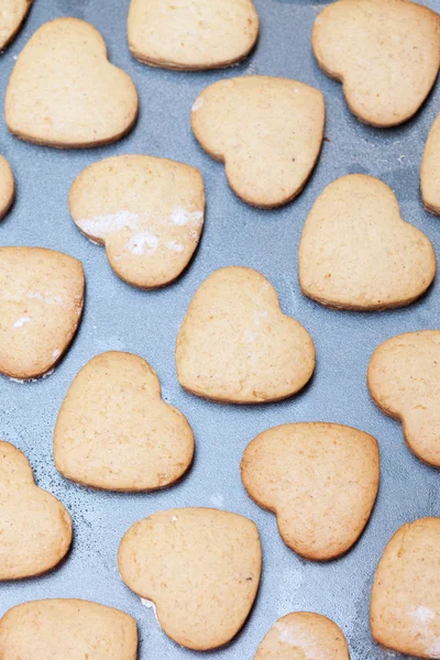 Rows of heart shaped biscuits on metal baking tray — Stock Photo, Image