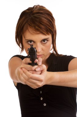 Young Caucasian female pointing a gun at you clipart