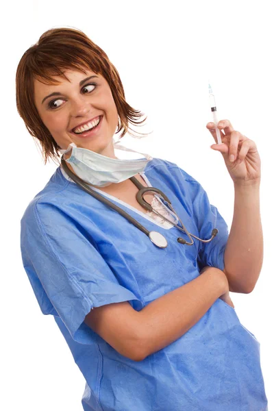 Mad scientist holding filled syringe — Stock Photo, Image