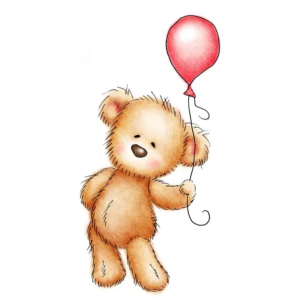 Urso de pelúcia com balão vermelho — Fotografia de Stock