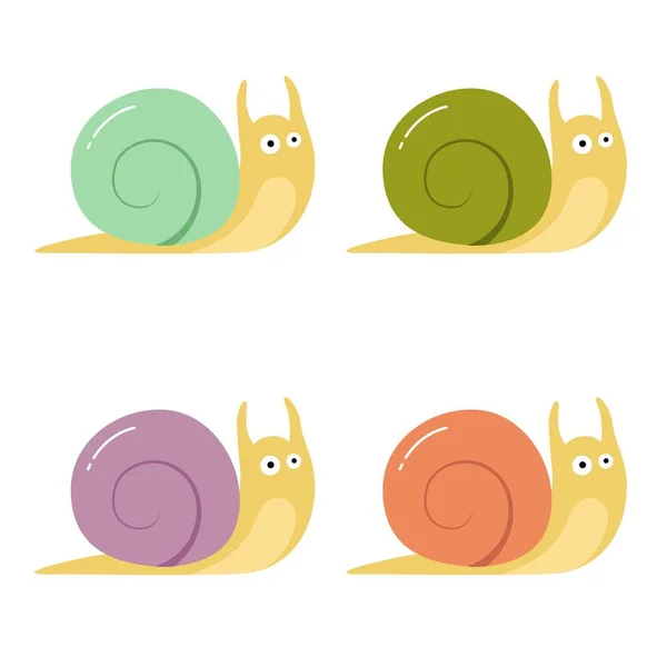 Escargots en quatre couleurs sur fond blanc style dessin animé — Image vectorielle