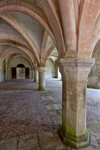 Gamla colonnaded interiör skott i abbaye de fontenay i Bourgogne, Frankrike — Stockfoto