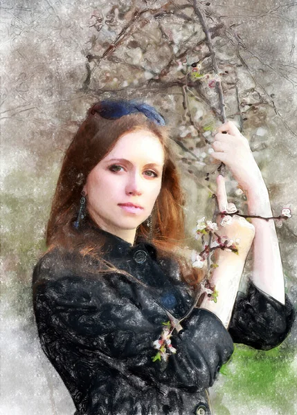 Menina com um ramo florescente - aquarela — Fotografia de Stock