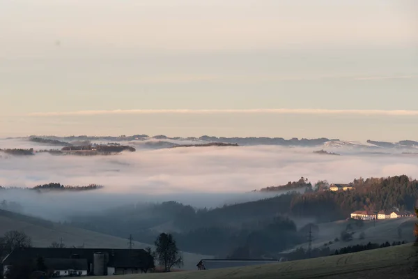 Luminous Sea Fog Hilly Landscape Valley Fog Ground Fog Austria — Stock Photo, Image