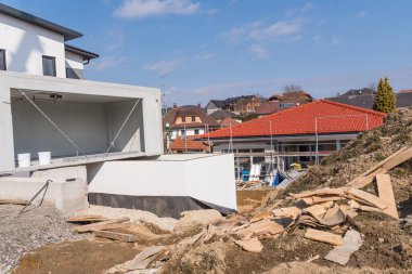Construction site house construction and garage - single-family house bungalow under construction